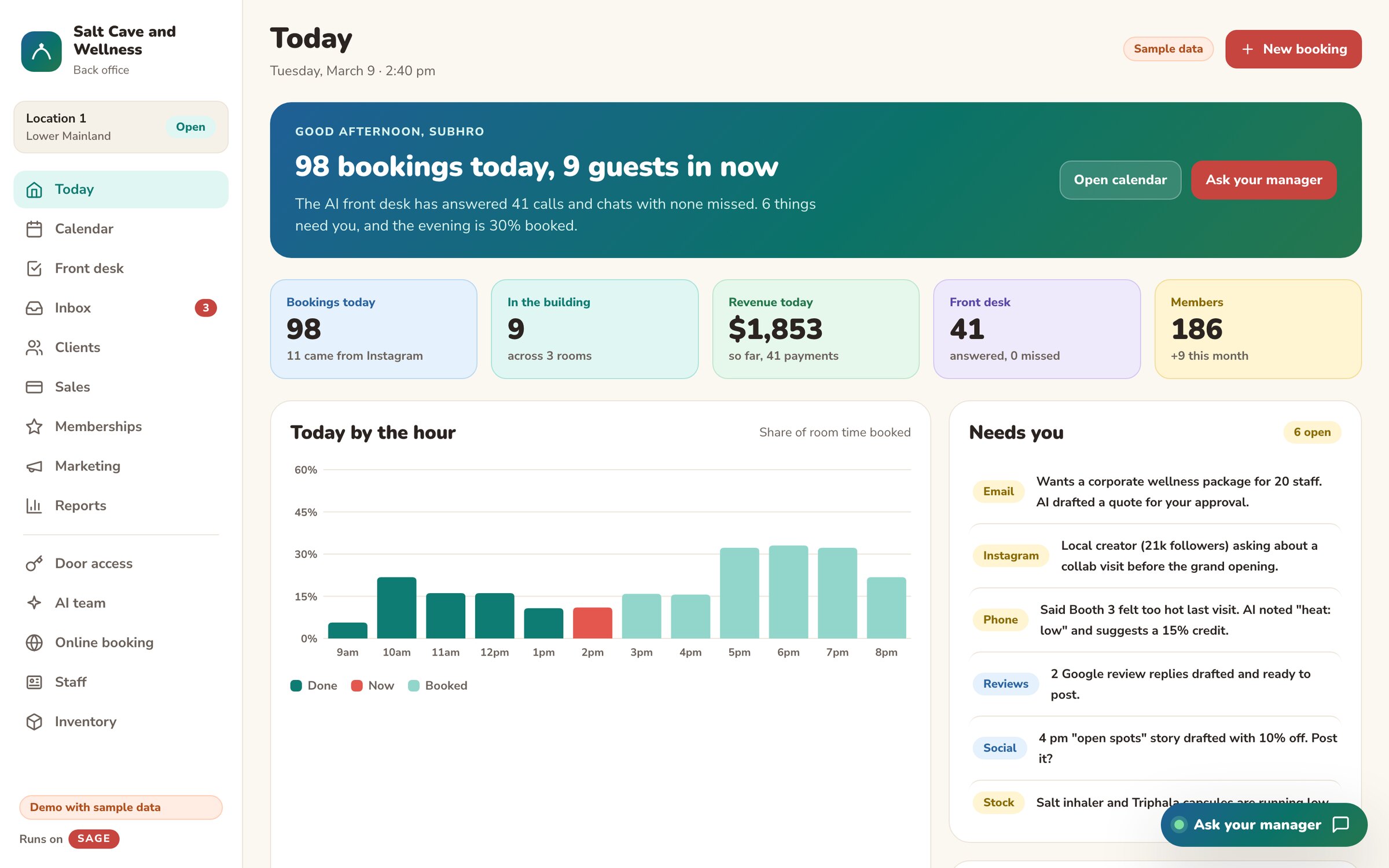 Owner dashboard, today view